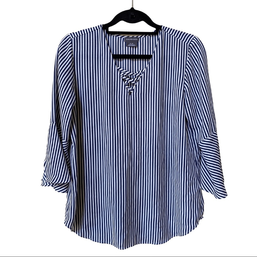 Van Heusen 3/4 Sleeve Navy Striped Blouse Size S